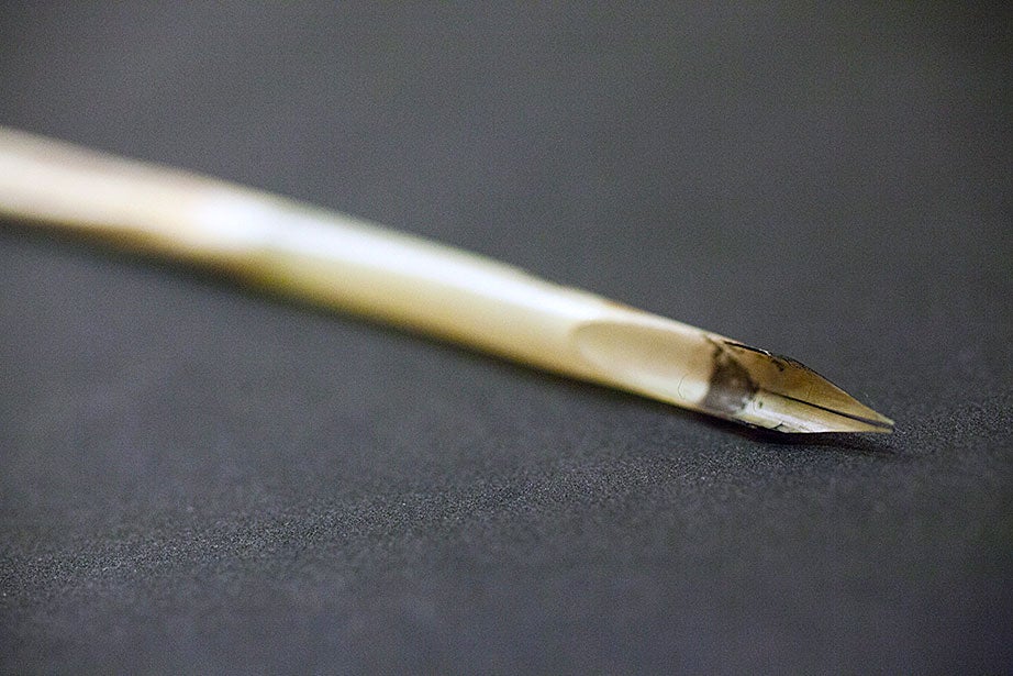 Quill pen used by Friedrich Schiller to write the 1801 play “Die Jungfrau von Orleans.” It came with a leather case and authenticating document. (MS Ger 310, Houghton Library, Harvard University)