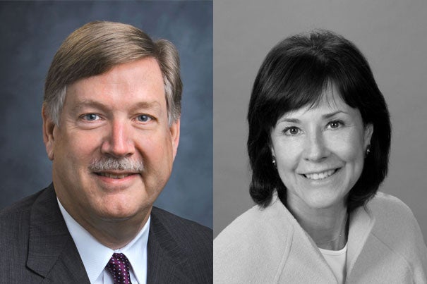 Recipients of the Harvard Alumni Association Awards are Stephen W. Baird ’74 (left, photo 1), Mary McGrath Carty ’74 (right, photo 1), Sylvia Chase Gerson ’70, Ph.D. ’75 (left, photo 2), Carl J. Martignetti ’81, M.B.A. ’85 (right, photo 2), Peter D. Weldon ’59 (left, photo 3), and George H. Yeadon III ’75. 