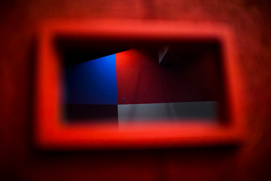 The projector window in the Carpenter Center is prominently decorated in corbu red — a color named after the building’s architect, Le Corbusier.