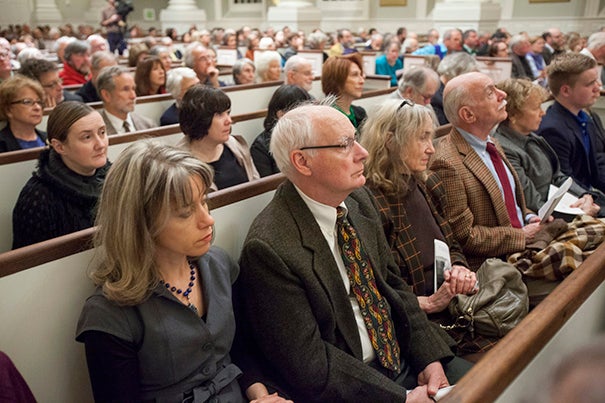On a chilly, rainy late afternoon — Irish weather — the pews at Memorial Church were nearly full for a memorial honoring the late poet Seamus Heaney. Present were those “who loved Seamus on and off the page,” said Peter Sacks, Harvard’s John P. Marquand Professor of English.