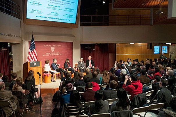 A panel on capital partisanship and gridlock at Harvard Kennedy School brought together scholars from near and far. Moderated by Karen Gordon Mills ’75, M.B.A. ’77 (photo 2), the panel was introduced by Harvard President Drew Faust (photo 3), who said, “Around the world, people looked at us and scratched their heads and began to wonder about the United States: Is the American Experiment unraveling? I think we all are searching for answers.”