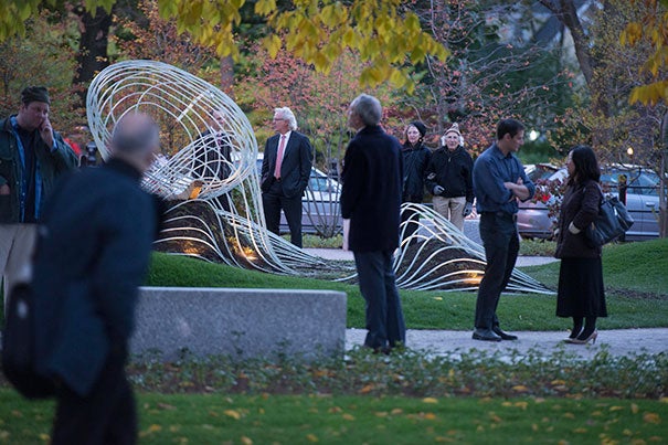 “Saturate the Moment,” the work of Harvard Graduate School of Design students, was unveiled during the Radcliffe Open Yard event. The piece will reside in the Wallach Garden.