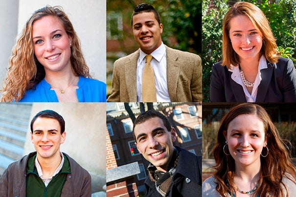 Harvard’s six Rhodes Scholars are Elizabeth Byrne (clockwise from top left), Alexander Diaz, Aurora Griffin, Katherine Warren, Paolo Singer, and Andrew Lea. The six will attend the University of Oxford in October 2014.