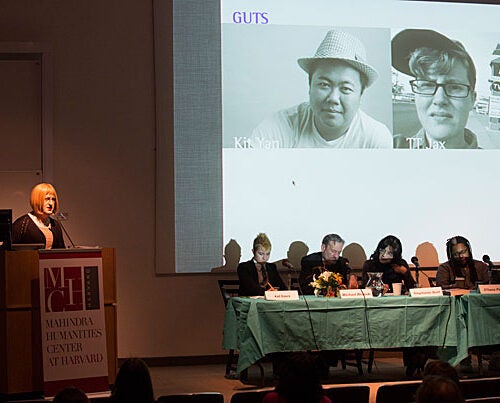 The Mahindra Humanities Center hosted "Trans Arts," a University-wide coming out for the trans arts, including texts, media, and performances from within the world of what insiders call the trans and genderqueer life. Among the guests was Tim Trace Peterson (at podium), co-editor of “Troubling the Line,” a new poetry collection featuring trans writers.