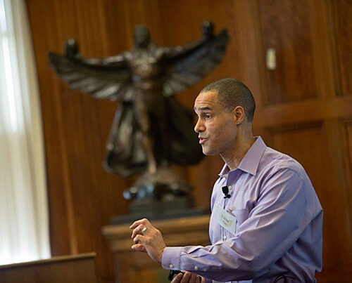 Eddie Pate, vice president of diversity and inclusion at Avanade Inc., spoke to a crowd of Harvard faculty and staff at a recent Faculty of Arts and Sciences Diversity Dialogue session.