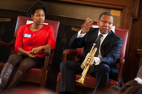 “We’re hot-tempered; we fight all the time. But we’re playful too,” said Wynton Marsalis of residents of New Orleans, his hometown, in a conversation about the city with Erin Drake '14 (pictured), Ph.D. candidate Tom Wooten, Pusey Minister and Plummer Professor of Christian Morals Jonathan Walton, and Gene Corbin, assistant dean of student life for public service. 