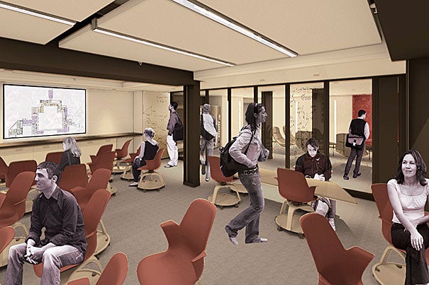 A new “smart classroom” (photo 1), lounge space (photo 2), and fitness room are all part of the Dunster House renewal. One of the squash courts on the lower level of Dunster House (photo 3) will be transformed into a multipurpose recreation room. Additional courts will be converted to exercise and fitness space. The work will begin immediately following Commencement, taking the House offline for 15 months. 
