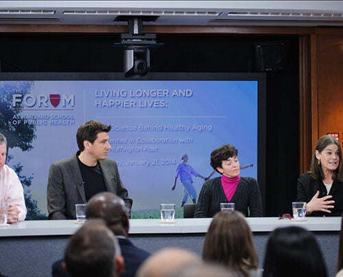 Mortality rates have increased among less-educated American women, and even wealthy Americans have a shorter life expectancy than their European counterparts, said Harvard Professor Lisa Berkman (far right) during the HSPH forum event “Living Longer and Happier Lives: The Science Behind Healthy Aging.” Joining Berkman were Thomas Perls (from far left), William Mair, and Francine Grodstein.