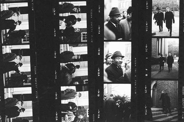 This contact sheet captures Martin Luther King Jr.'s January 1965 visit to the Memorial Church to deliver a speech.