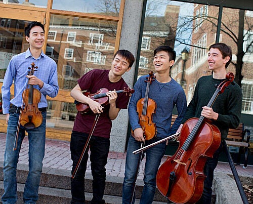 The Quad Quartet, a newly formed group of musicians all who live at Radcliffe Quad at Harvard University: From left: David Roberts, '16, violin; Albert Li '16, violin; Jiho Kang, '16, viola and Sascha Bercovitch, '14 cello; practice together at Currier House.   Rose Lincoln/Harvard Staff Photographer