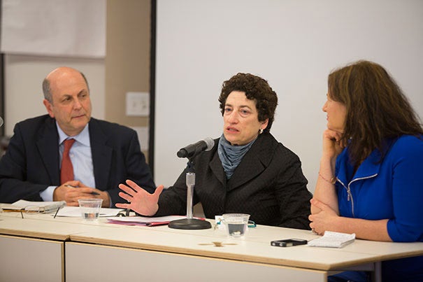 Panelists at the Kennedy School believe the ongoing debate over climate change is a matter of politics, not science. “It’s a story about government regulation, about organizations that take a position against government’s role in the marketplace,” said Naomi Oreskes (center), a history of science professor at Harvard. Oreskes was joined by Peter Frumhoff of the Union of Concerned Scientists and Suzanne Goldenberg of The Guardian.