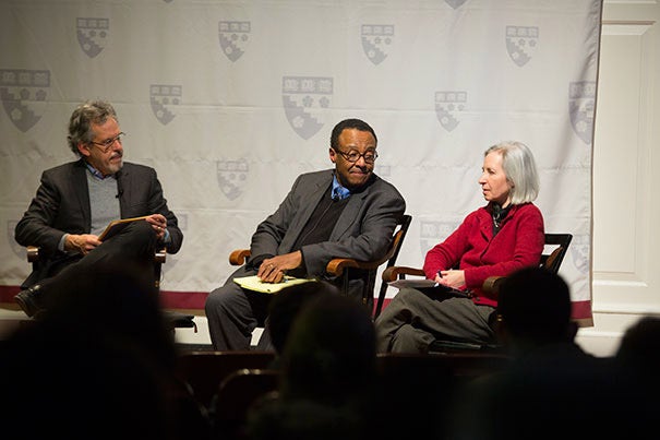 A Harvard Graduate School of Education panel discussion on income inequality featured HGSE Professor Paul Reville (from left), Chicago Tribune columnist Clarence Page,  and Martha Minow, dean of Harvard Law School.
