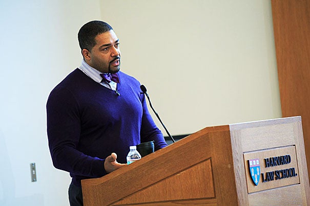 David Otunga, J.D. '06, told his Harvard Law School audience that he was encouraged by his mother to get an education first, but she also supported his acting career. Otunga was the keynote speaker at the Committee on Sports and Entertainment Law’s 2014 symposium.
