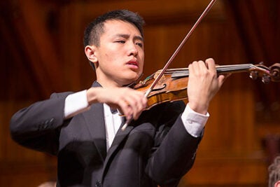 “He asked me if I’d be willing,” recalled Max Tan '15 of his invitation from Benjamin Zander, “and I was thinking, ‘You want me to do what?’ ” Tan will perform the Barber Violin Concerto on March 7 with the Boston Philharmonic Youth Orchestra, conducted by Zander. 