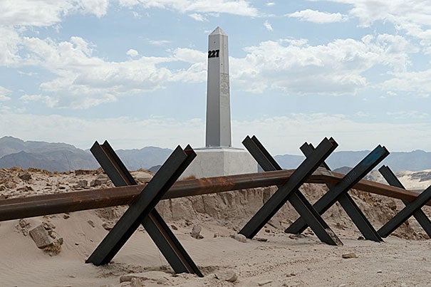 For seven years, David Taylor photographed the 276 monuments marking the U.S.-Mexico border, documenting the people and experiences he encountered along the way. "Border Monument No. 227" (photo 1), "Seized Marijuana Bales, Arizona" (photo 2), and "Border Monument No. 195" (photo 3) are among the collection on display at the David Rockefeller Center for Latin American Studies. 