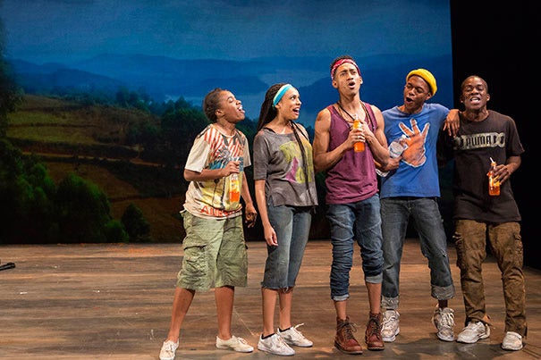 "Witness Uganda," starring Griffin Matthews (center, photo 1), started as Uganda Project, a fundraiser that included a series of songs written by Matthews and longtime partner Matt Gould (photo 2), who introduced the production to Cambridge Rindge and Latin School students this past fall. The new musical is directed by Diane Paulus and will be performed at the A.R.T. through March 16 (photo 3).