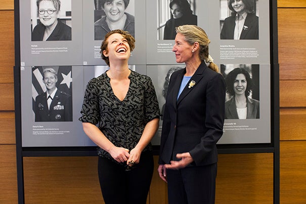 Sixty-six portraits of women who have made a difference through their inspiring work grace the hall of Harvard Law School’s Wasserstein Hall in honor of International Women’s Day. Second-year HLS student Maria Parra-Orlandoni (left, photo 1) stands with her nominee, Dana H. Born, a retired brigadier general. Ruth Bader Ginsburg (photo 2), U.S. Supreme Court associate justice, and Barbara R. Arnwine (photo 3), president and executive director of the National Lawyers’ Committee for Civil Rights Under Law, are shown in portraits that will remain on display through March 14.


