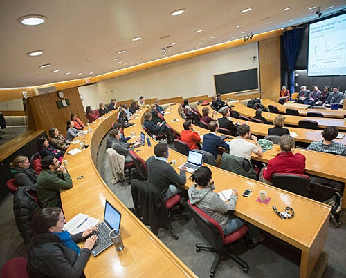 A group of HIV researchers and medical ethicists gathered at Harvard School of Public Health for a session titled “Trials of HIV Treatment as Prevention: Ethics and Science” (photo 1). In many cases, antiretroviral treatment has kept viral loads low enough to prevent infection of the HIV-negative partner. Despite those encouraging examples, Max Essex (left, photo 2), who is conducting a trial in 30 communities in Botswana, said little is known about how people in the general community will behave. Essex spoke with Deenan Pillay of  of the Wellcome Trust Africa Centre for Health and Population in South Africa.

