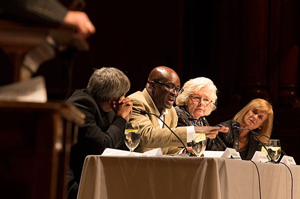 Scholars and leading Africanist thinkers gathered Tuesday to reflect on the life and legacy of the late Nelson Mandela. One of the panels included Adam Habib (from left), Achille Mbembe, Margaret Marshall,  and Jean Comaroff.  President Drew Faust gave the opening remarks.