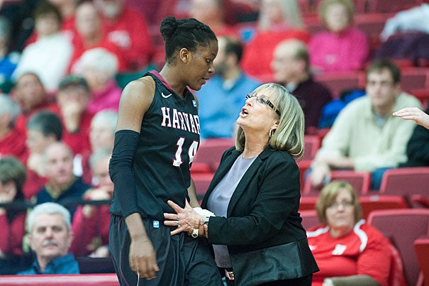 Harvard women's basketball player Temi Fagbenle '15 with head coach Kathy Delaney-Smith. Both women are breaking records.