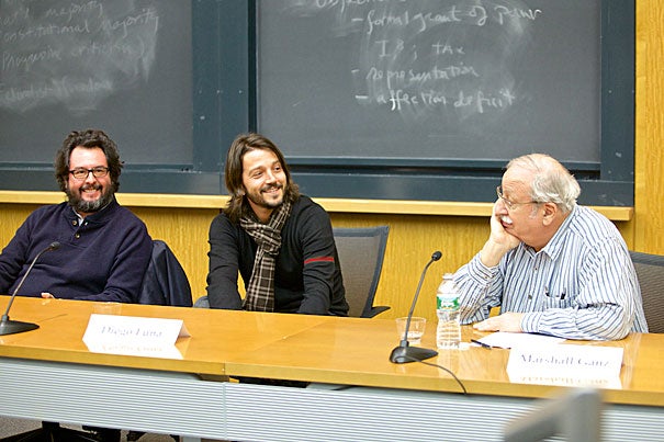 After a screening of their new film "Cesar Chavez," director Diego Luna (center) and producer Pablo Cruz (left) spoke with Marshall Ganz, a senior lecturer in public policy at the Harvard Kennedy School who worked with Chavez in the 1960s. “Nothing has been so personal in my life,” said Luna about telling Chavez's story.
