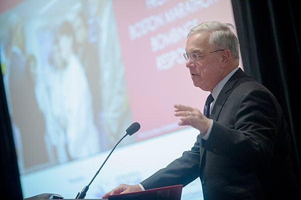 “Let us never, never forget what got us through last year: faith in each other," said former Boston Mayor Thomas M. Menino during his opening remarks at the symposium (photo 1). Leonard Marcus (left, photo 2),  founding co-director of the National Preparedness Leadership Initiative and a lecturer at the Harvard School of Public Health, said the goal of the symposium was to "help frame and share the lessons so that other communities can be equally resilient.” Marcus was joined by HSPH Distinguished Visiting Fellow Richard Serino.