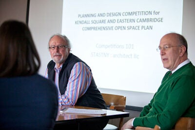 Donald Stastny (left), one of the country's leading design competition advisers, addressed students in GSD Professor Jerold Kayden's class, which focuses on the reality and ubiquity of design competitions.