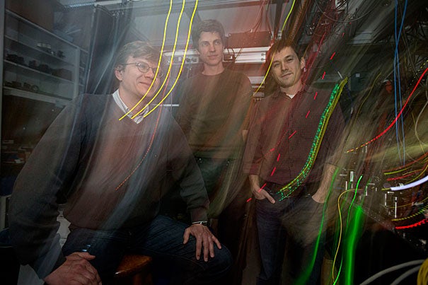 Professor of Physics Mikhail Lukin (from left) led a team consisting of postdoctoral fellow Tobias Tiecke and graduate student Jeff Thompson that has created quantum switches that could one day be networked via fiber-optic cables to form the backbone of a “quantum Internet” that allows for perfectly secure communications, said Lukin.

