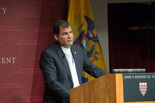 Ecuadorean President Rafael Correa  told his Kennnedy School audience that between 2007 and 2013, 1.13 million Ecuadoreans were lifted from poverty, and the incidence of extreme poverty fell from 16.9 percent to 8.6 percent, while growth averaged 4.2 percent per year.