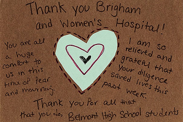 In addition to the emergency response, the “Strong Medicine” archive captures the emotional support shown by many from around the country. “Thank You” was created by students at Belmont High School in Massachusetts (photo 1); a card from the Muslim American Society, San Antonio Chapter, sent “brightest wishes, to say that we hope you get well soon” (photo 2); and “Pray for Boston” included a handmade card from a student at Ojeda Middle School in Austin, Texas (photo 3).