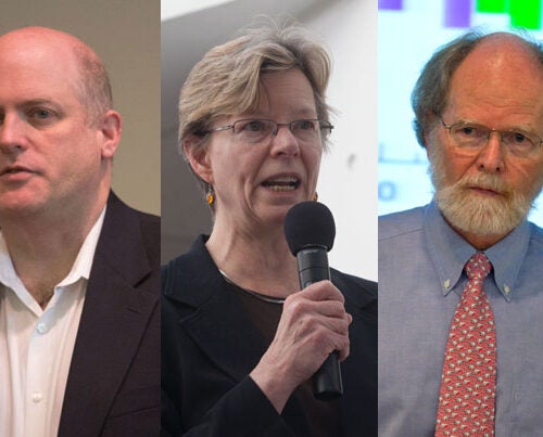 When government ponders helpful policies, Harvard faculty members are front and center. Professor Daniel Schrag (from left) is the director of the Harvard University Center for the Environment; Cherry Murray, dean of the Harvard School of Engineering and Applied Sciences, sits on the Secretary of Energy Advisory Board; and Professor James McCarthy chairs the board of directors for the Union of Concerned Scientists.