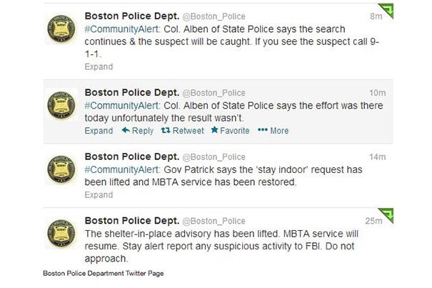 The Boston Police Department used its "official Twitter account to request public assistance; to keep the public and media informed about road closures, news conferences, and police activities; to reassure the public and express sympathy to the victims and their families; and critically, within two hours of the explosions, to give the public accurate information about the casualty toll and the status of the investigation,” stated a report from the Program in Criminal Justice Policy and Management at Harvard Kennedy School.