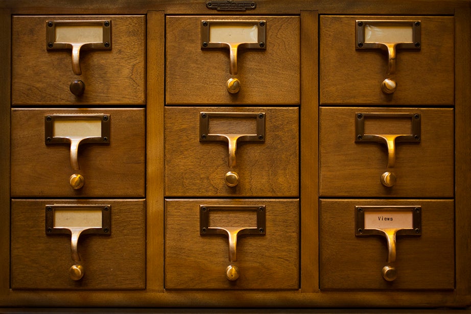 A card catalog contains a “shelflist” of the books with the cards inside arranged in call number order corresponding to the books on the shelves.