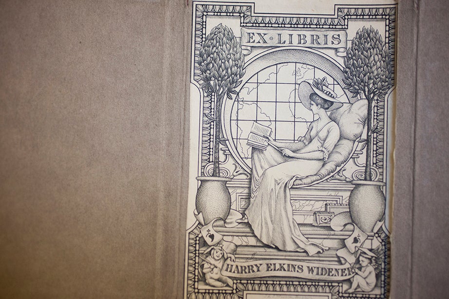 Harry Elkins Widener’s bookplate, designed by English illustrator Walter Crane, is affixed to every volume in the collection.