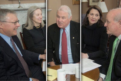 James Rothenberg '68, M.B.A. '70 (from left), Gwill York '79, M.B.A. '84, Joseph O'Donnell '67, M.B.A. '71, Diana Nelson '84, and Paul Finnegan '75, M.B.A. '82  — five members of Harvard's governing boards — recently updated the Gazette on the progress of The Harvard Campaign.