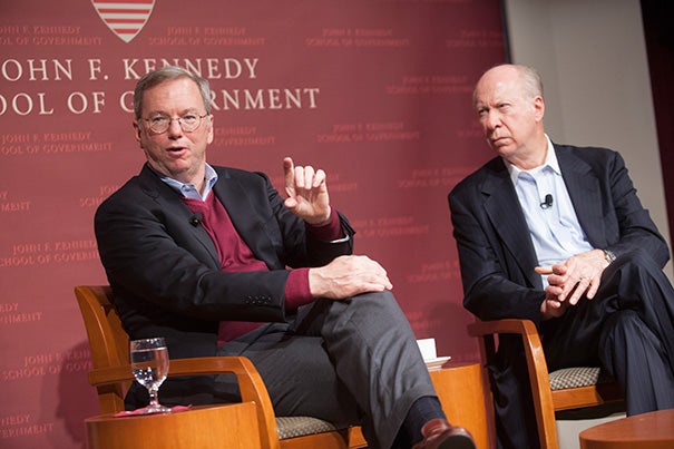 In a talk with David Gergen (right), Google CEO Eric Schmidt set forth a local challenge. “Here in Cambridge, we have some of the smartest people in the world … If I can be critical for a sec: Why have you guys not produced the equivalent of Twitter, Facebook, Google, and so forth? I don’t know,” he said. “So there’s an action item for you.” 