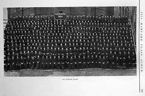 Seniors pose for the 1914 Harvard Class Album. Those sweet Commencement days marked a last, soon-lost innocence for Harvard, for Radcliffe, and for students everywhere. The world was on the verge of the first global war, which killed 16 million people and lit the fuse on wars to follow. 