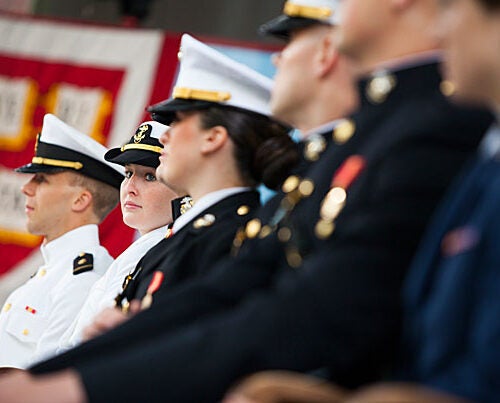 “You will honor the service and sacrifice of those who came before you through your own commitment,” said President Drew Faust (photo 2) in her remarks at the ROTC Commissioning Ceremony, where seven soon-to-be Harvard graduates, including Taylor Evans (photo 3), received their first military assignments.

