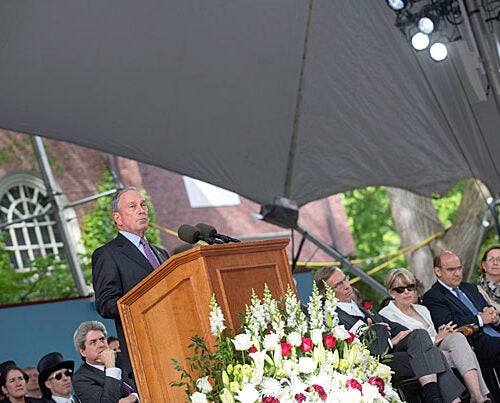 Delivering Harvard’s Commencement address, former New York City Mayor Michael Bloomberg (photo 1) called on the Class of 2014 to safeguard free speech and inquiry. President Drew Faust (right, photo 2) recognized outgoing HAA Executive Director Jack Reardon with a special Harvard Medal.