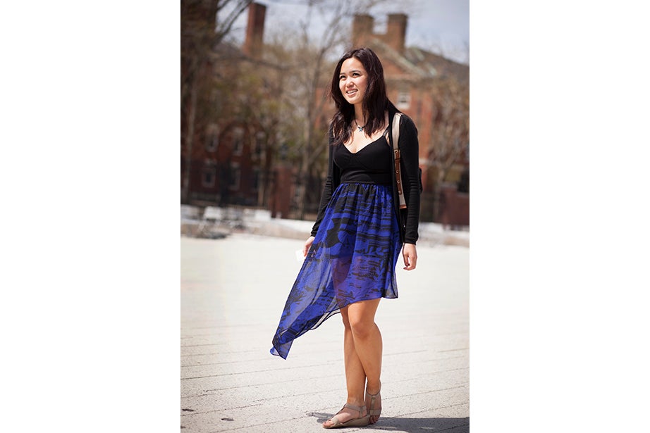 “I love fashion and I love thrift stores,” said Amy Jin ’17, a native of the Bay Area in California. “This dress is from a thrift store, and every day I’m in high heels. Shoes are my favorite.”