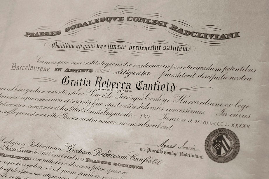 Grace Rebecca Canfield’s subsequent A.B. degree from Radcliffe College in 1894, its first year.