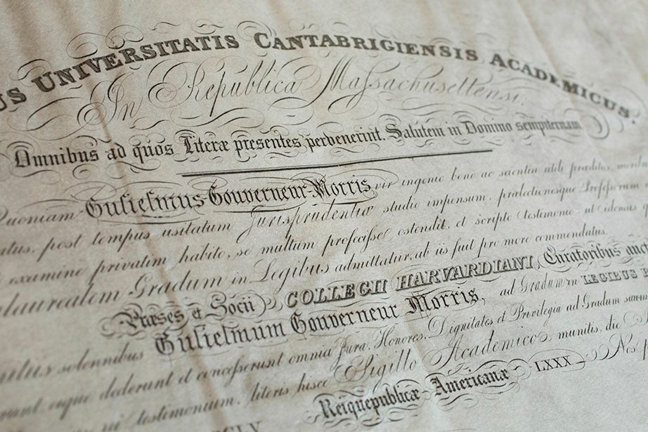 The 1855 diploma of William Gouverneur Morris, who earned an LL.B. degree from Harvard Law School. It was signed by Harvard President James Walker, under whose regime (1853-1860) Harvard constructed its first sciences building, offered its first music course, and hired its first black staffer, boxing instructor A. Molyneaux Hewlett.