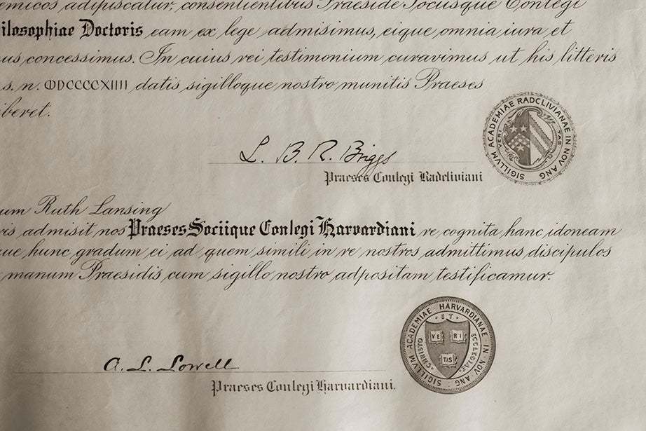 Radcliffe College graduate Ruth Lansing’s 1914 diploma, memorializing her Ph.D. in Romance philology.