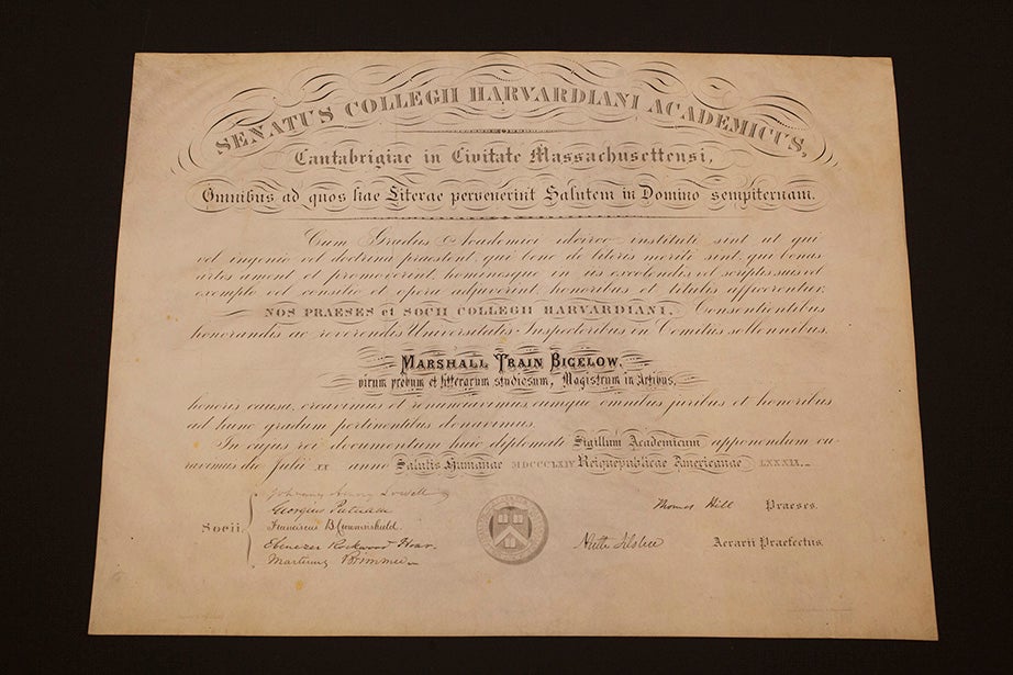 An 1864 honorary Master of Arts degree diploma for Marshall Train Bigelow, signed by Harvard President Thomas Hill. This represents an era — 1860 to 1902 — characterized by extra-large Harvard diplomas.