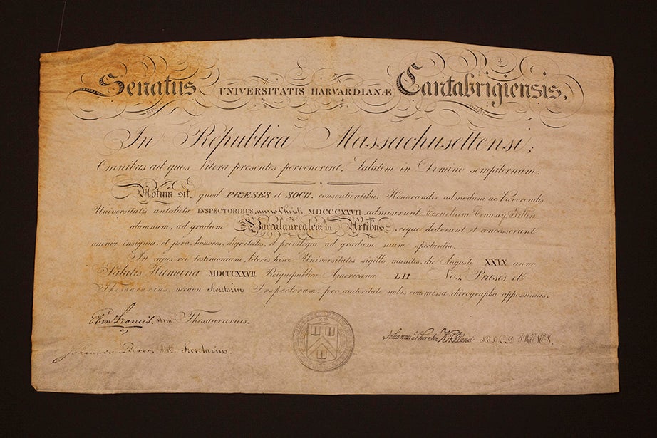 The 1827 A.B. diploma for Cornelius Conway Felton, a classics scholar who was president of Harvard from 1860 (when he presided over the first graduating class of more than 100 students) until his death in 1862.