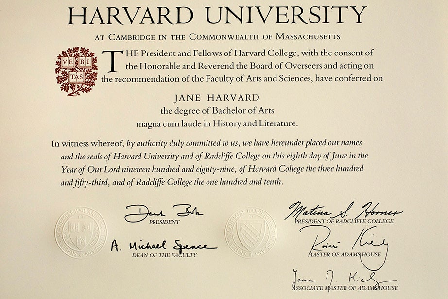 A sample Harvard bachelor's degree diploma from 1989. It was in 1963 that graduates of Radcliffe College first received diplomas jointly with graduates of Harvard College.