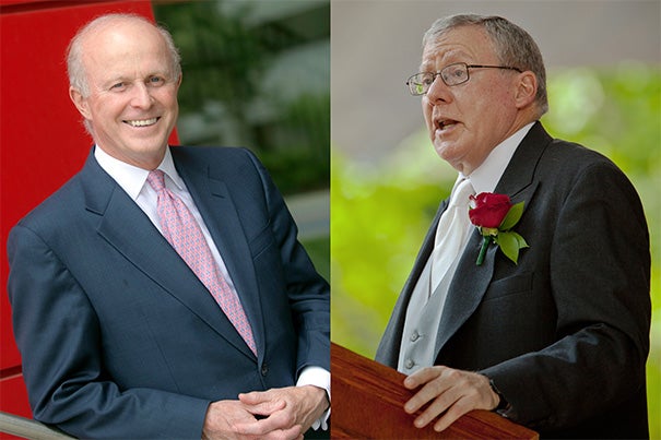 Harvard Corporation member Paul J. Finnegan (left) will become treasurer of the University on July 1. He will succeed James F. Rothenberg, the treasurer since 2004, who will stay on as a member of the Corporation. 