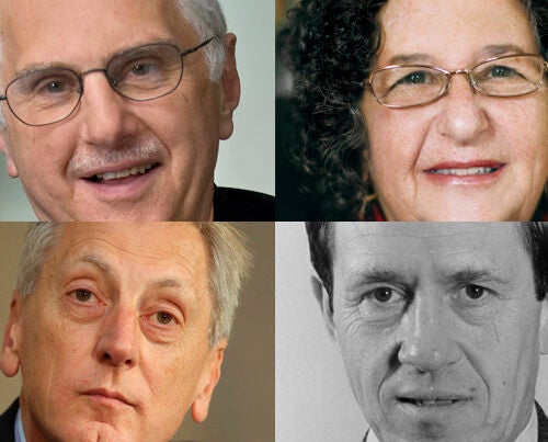 2014 marks the 25th anniversary of the Centennial Medal, first awarded in 1989 on the occasion of the 100th anniversary of the founding of Harvard’s Graduate School of Arts and Sciences. This year, the medal is awarded to Bruce Alberts ’60, Ph.D. ’66 (clockwise from left), Judith Lasker, Ph.D. ’76, Leo Marx ’41, Ph.D. ’50, and Keith Christiansen, Ph.D. ’77.
