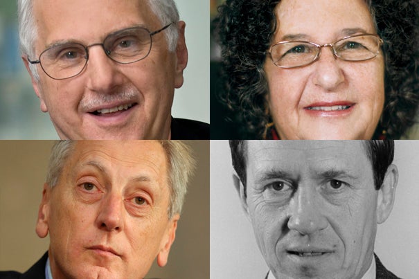 2014 marks the 25th anniversary of the Centennial Medal, first awarded in 1989 on the occasion of the 100th anniversary of the founding of Harvard’s Graduate School of Arts and Sciences. This year, the medal is awarded to Bruce Alberts ’60, Ph.D. ’66 (clockwise from left), Judith Lasker, Ph.D. ’76, Leo Marx ’41, Ph.D. ’50, and Keith Christiansen, Ph.D. ’77.
