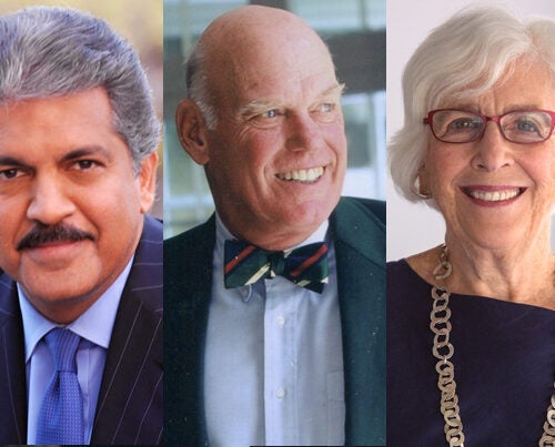 Harvard Medals will be awarded to three alumni during the Annual Meeting of the Harvard Alumni Association on Commencement Day. Recipients are Anand G. Mahindra ’77, M.B.A. ’81 (from left), J. Louis Newell ’57, and Emily Rauh Pulitzer, A.M. ’63.